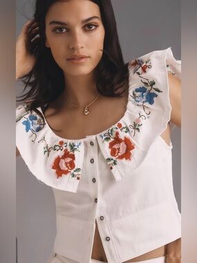 Anthropologie Pilcro Embroidered Blouse L Ivory Floral Boho Romantic Cottagecore